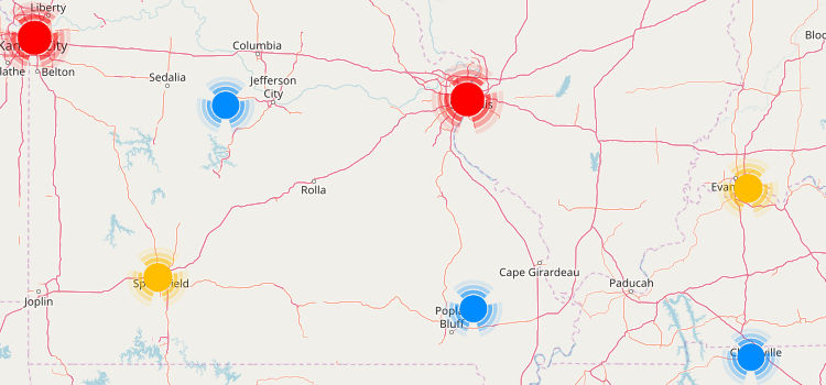 Map of outlet locations in state Tennessee